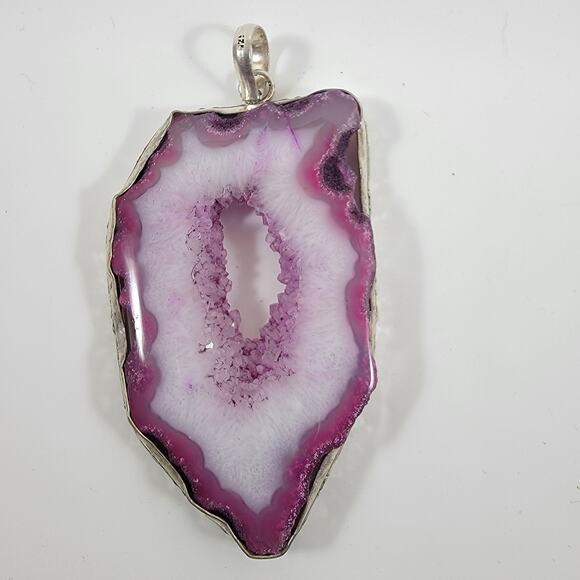 Handmade Silver Pendant – Pink Druzy Agate Slice + 20" Silver Snake Chain - Picture 1 of 10